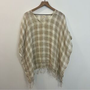 Lula Soul Linen Checkered Lightweight V-neck Poncho with fringe Size Medium